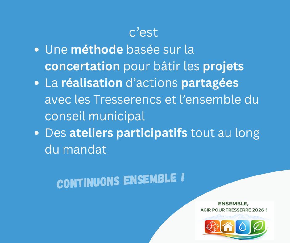 Le texte "c'est une méthode basée sur la concertation pour bâtir des projets; la réalisation d'actions partagées avec le Tresserrencs et l'ensemble du conseil municipal ; des ateliers participatifs tout au long du mandat. Continuons ensemble !" Plus le logo Ensemble, agir pour Tresserre 2026 ! la liste de l'équipe de Michel Thiriet le maire sortant.