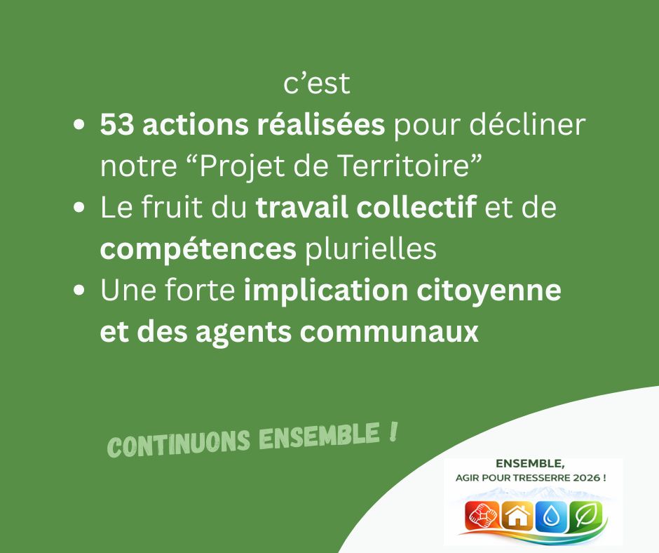 C'est 53 actions réalisées pour décliner notre "Projet de Territoire". Le fruit du travail collectif et de compétences plurielles. Une forte implication citoyenne et des agents communaux. Ensemble, agir pour Tresserre 2020-2025 avec Michel Thiriet.