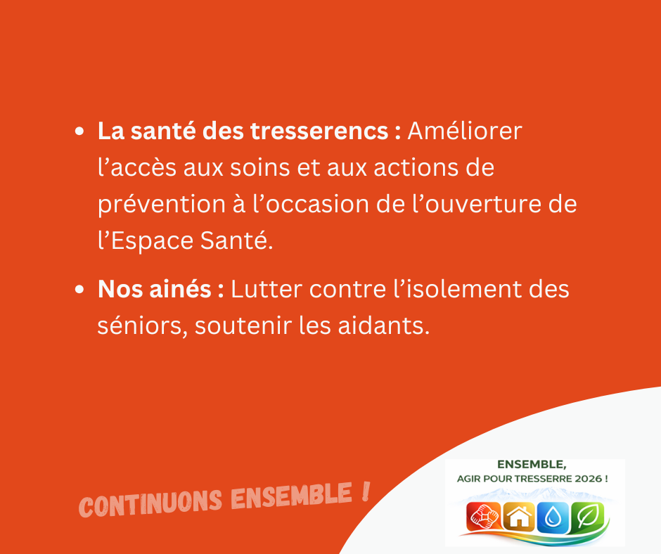 La santé des tresserencs : améliorer l’accès aux soins et aux actions de prévention à l’occasion de l’ouverture de l’Espace Santé.

Nos ainés : lutter contre l’isolement des séniors, soutenir les aidants.
