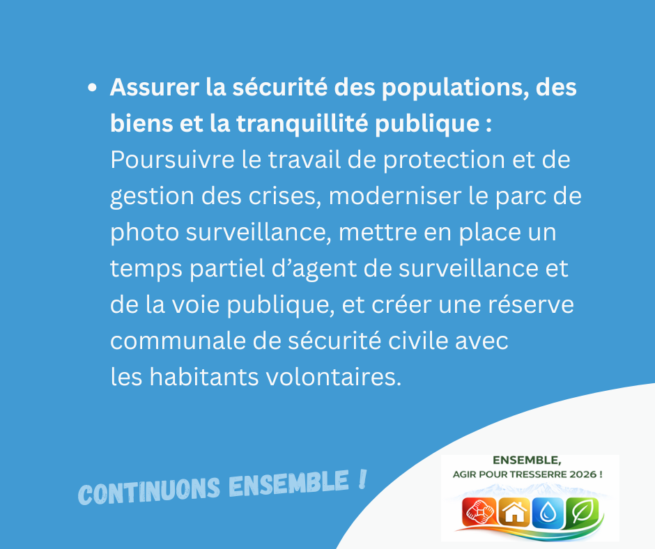 Assurer la sécurité des populations, des biens et la tranquillité publique : poursuivre le travail de protection et de gestion des crises, moderniser le parc de photo surveillance, mettre en place un temps partiel d’agent de surveillance et de la voie publique, et créer une réserve communale de sécurité civile avec les habitants volontaires.

CONTINUONS ENSEMBLE !