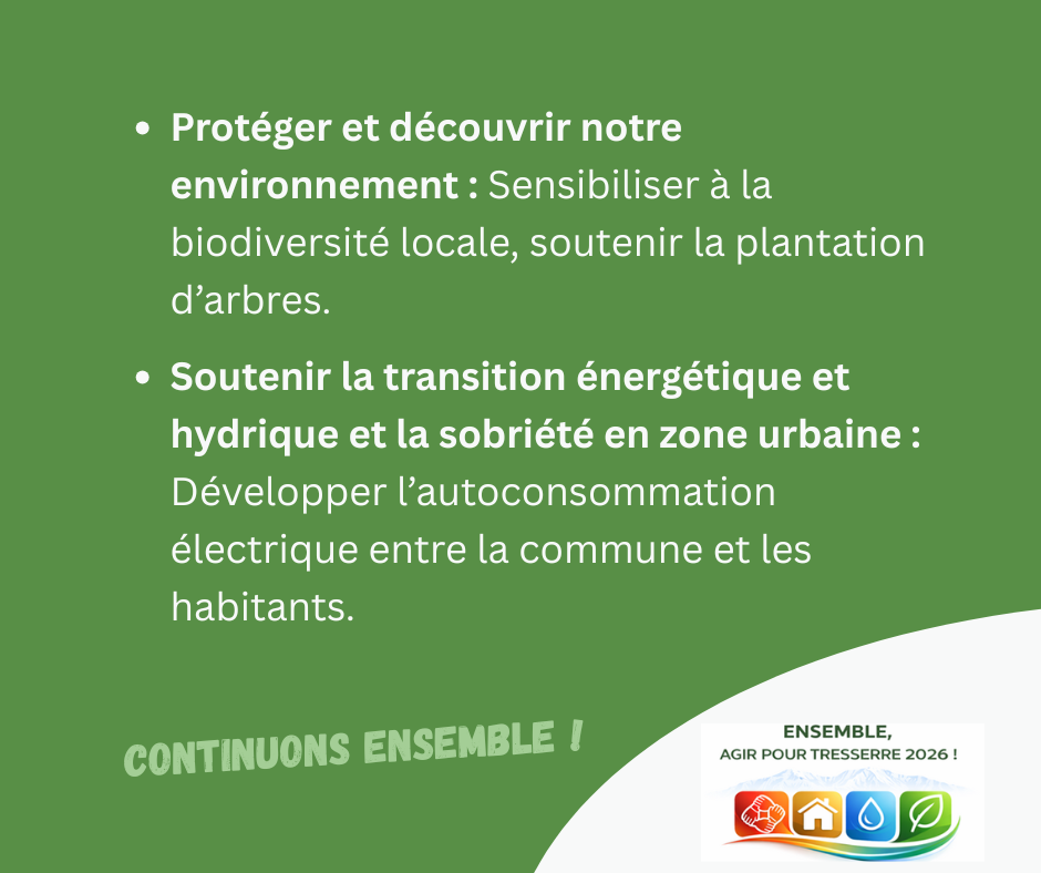 Protéger et découvrir notre environnement : sensibiliser à la biodiversité locale, soutenir la plantation d’arbres.

Soutenir la transition énergétique et hydrique et la sobriété en zone urbaine : développer l’autoconsommation électrique entre la commune et les habitants.

CONTINUONS ENSEMBLE !