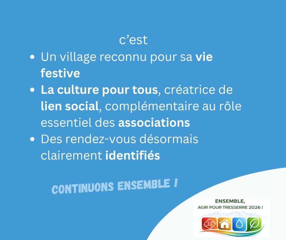 Contient le texte "c'est un village reconnu pour sa vie festive ; la culture pour tous, créatrice de lien social, complémentaire au rôle essentiel des associations ; des rendez-vous déormais clairement idientifiés. Continuons ensemble !" et le logo de la liste Ensemble, agir pour Tresserre 2026 ! de Michel Thiriet, le maire sortant, et son équipe renouvelée.