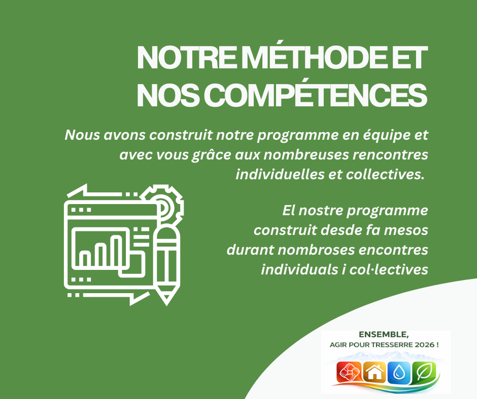Notre méthode et nos compétences :
Nous avons construit notre programme en équipe et avec vous grâce aux nombreuses rencontres individuelles et collectives. 
Et en catalan :
El nostre programme construit desde fa mesos durant nombroses encontres individuals i col·lectives.
Et le logo de la liste Ensemble agir pour Tresserre 2026 mené par Michel Thiriet le maire sortant.