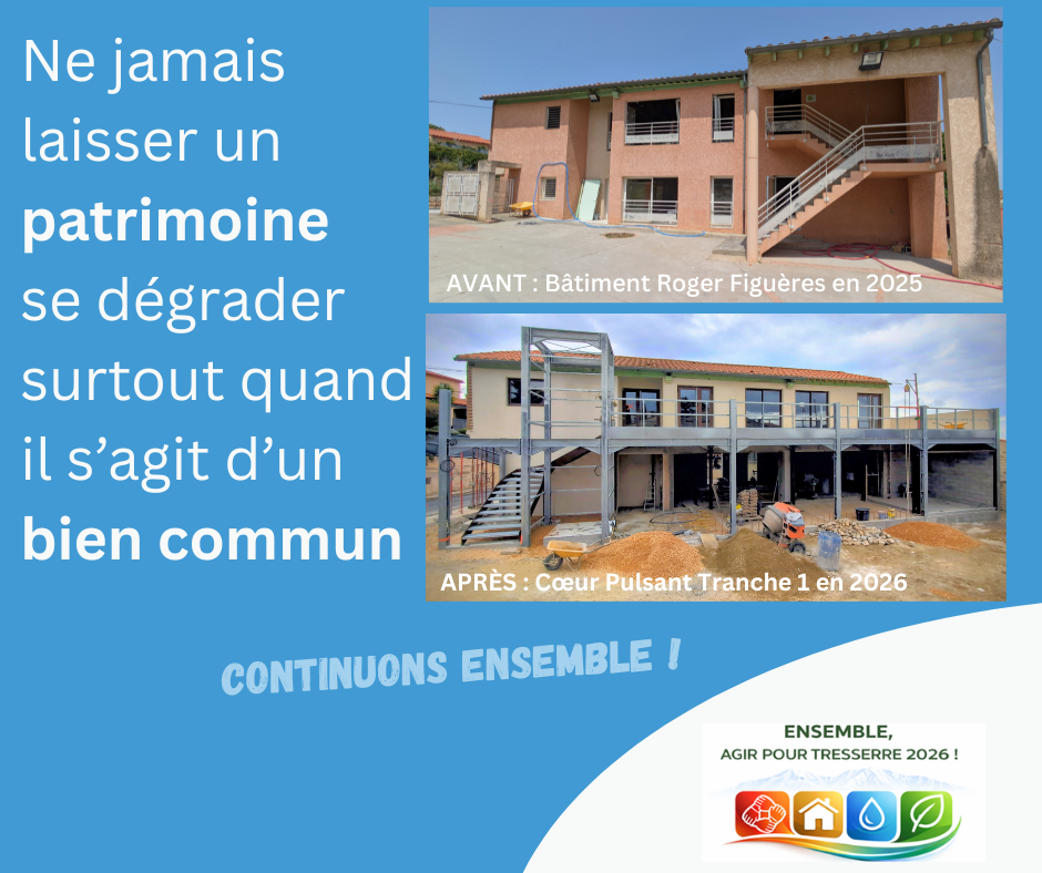 Le texte "Ne jamais laisser un patrimoine se dégrader surtout quand il s’agit d’un bien commun." Une photo du bâtiment Figuères à Tresserre en cours de rénovation (2026) et le même bâtiment vétuste en 2025 avant rénovation. Le texte "Continuons ensemble !" et le logo "Ensemble agir pour Tresserre 2026" de Michel Thiriet, maire sortant et candidat pour un nouveau mandat aux élections municipales.